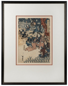 An antique Japanese woodblock print of a group of samurai, Edo/Meiji, 19th century, 32 x 22cm, 58 x 46cm overall.