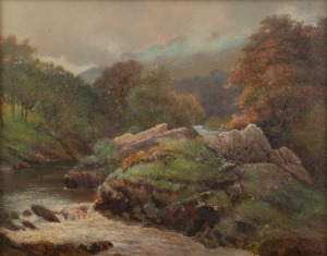 HARRY SUTTON PALMER (1854-1933), (untitled landscape river scene), oil on board, signed lower left "Sutton Palmer", 21 x 27cm, 40 x 46cm overall.