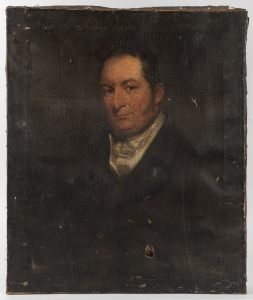 A pair of antique portrait oil paintings on canvas, circa 1825. Both appear to be of the same sitter in two different sizes. Poor condition with multiple areas of damage. ​​​​​​​The larger 90 x 71cm.