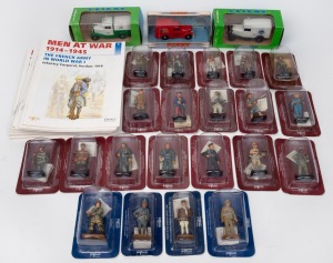 DEL PRADO "Men At War" collectable model soldiers in original blister packs with booklets, together with a boxed MATCHBOX "DINKY COLLECTION" van and two boxed vans all with advertising, (qty).