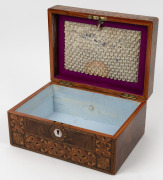 Three antique English walnut sewing work boxes, including two examples adorned with Tunbridge inlaid decoration, 19th century, the largest 14cm high, 27cm wide, 20cm deep. - 2