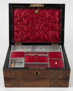 Three antique English walnut sewing work boxes, including two examples adorned with Tunbridge inlaid decoration, 19th century, the largest 14cm high, 27cm wide, 20cm deep. - 3