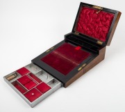 Three antique English walnut sewing work boxes, including two examples adorned with Tunbridge inlaid decoration, 19th century, the largest 14cm high, 27cm wide, 20cm deep. - 4
