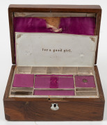 Three antique English walnut sewing work boxes, including two examples adorned with Tunbridge inlaid decoration, 19th century, the largest 14cm high, 27cm wide, 20cm deep. - 5