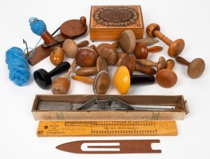 Assorted timber darning mushrooms, a folding sleeve measure ruler, Italian jewellery box and assorted tailoring tools, (qty).