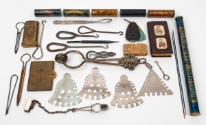 An assorted lot of sewing and knitting accessories, including attractive advertising wares, Queen Victoria and Prince Albert leather needle case, needle gauges, knitting pins etc., (qty).