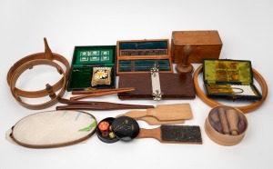 Assorted sewing and embroidery ware, darning mushroom, flower press and sewing accessories, (qty).