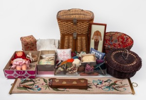Wicker sewing basket with contents, assorted sewing related items, vintage doll, clothing, booties etc., (qty).