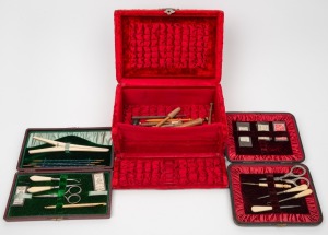 An antique red velvet sewing box and two leather boxes with assorted sewing implements and accessories, 19th century, (3 items).