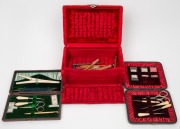 An antique red velvet sewing box and two leather boxes with assorted sewing implements and accessories, 19th century, (3 items).