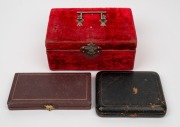 An antique red velvet sewing box and two leather boxes with assorted sewing implements and accessories, 19th century, (3 items). - 2