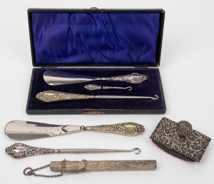 Assorted sterling silver and silver plated sewing accessories, blotter, shoe horns and lace hooks, 19th and 20th century, (qty).
