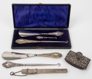Assorted sterling silver and silver plated sewing accessories, blotter, shoe horns and lace hooks, 19th and 20th century, (qty).