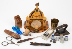 Assorted sewing implements and accessories, including a sterling silver novelty bird pin cushion, Tunbridge needle case, miniature flat iron, novelty thimbles, advertising ware etc., 19th and 20th century, (qty).