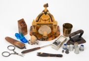 Assorted sewing implements and accessories, including a sterling silver novelty bird pin cushion, Tunbridge needle case, miniature flat iron, novelty thimbles, advertising ware etc., 19th and 20th century, (qty).