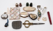 Antique silver cased pocket watch, mother of pearl calling card case, purse and box, Satsuma belt fitting, four assorted thimbles, Chinese silver and enamel nail guard, Chinese silver and enamel chatelaine piece, Chinese carved ivory seal with red finish,