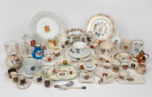 SOUVENIR WARE: Porcelain, glass and metal examples including Jersey, Guernsey, The Isle of Man, England, Canada and others, 20th century, (qty).