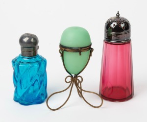 Antique ruby glass sugar caster with silver plated mounts; together with a blue glass perfume bottle and green glass vanity jar, 19th century, (3 items), ​​​​​​​the largest 15cm high.