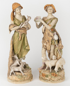 ROYAL DUX pair of Bohemian porcelain statues of a shepherd and shepherdess, 20th century, pink triangle mark to base, ​​​​​​​the larger 43 cm high.