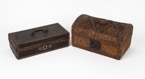 Two antique Indo-Portuguese leather and hide covered deed boxes, ​​​​​​​27cm and 26cm wide.