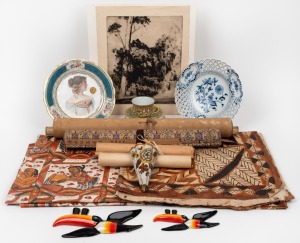 Miscellaneous lot including Meissen porcelain plate, tapa cloth, Indonesian hand-painted wall hanging, scrolls, Gouda porcelain wall pocket, etc, (qty)