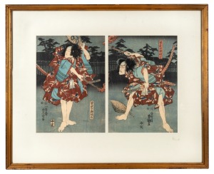 An antique Japanese woodblock double page print of two samurai, each sheet 33 x 23cm, frame 57 x 70cm overall.