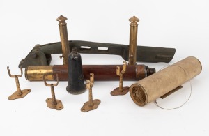 An antique timber and brass telescope (A/F); together with gimballed yacht candle holders, a yacht pulley and gramophone/radio speakers (qty).