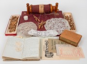 Antique bobbin lace maker's bed with accessories; together with a fascinating 19th century hand-written manuscript diary detailing techniques and designs including samples and drawings, also includes "Encyclopedia of Needlework" publication and some addit