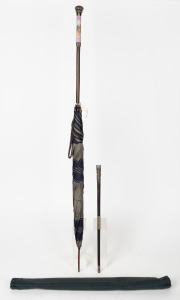 An antique parasol with French Limoges pink porcelain handle mounted in English sterling silver (A/F); together with an ebonized silver mounted baton, 19th/20th century, (2 items), 92cm and 40cm long.