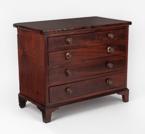 An antique mahogany apprentice miniature chest of drawers on bracket feet, 19th century, 35cm high, 42cm wide, 24cm deep.