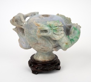 A Chinese carved jade dragon vase on wooden stand, 20th century, ​​​​​​​15cm high overall.