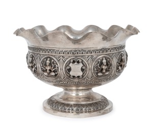 An antique Indian silver bowl with repousse decoration, most likely Madras region, late 19th century, 14cm high, 21cm wide, 395 grams.