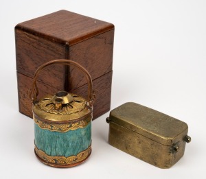 An antique Indo-Chinese opium pipe housed in a timber box; together with a Filipino betel nut box, 19th/20th century, (2 items), the betel nut box 10cm wide.