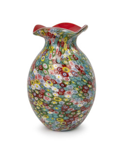 An Italian Murano glass millefiori vase cased in re, clear and white, ​​​​​​​26cm high.