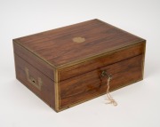 A fine quality antique English brass bound kingwood dressing table box fitted with original sterling silver topped crystal bottles and an assortment of sterling silver accessories, original plush green velvet interior with original Bramah lock and key, ea - 3