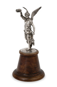 VICTORY sterling silver statuette mounted on turned wooden base by Charles Boyton & Son of London, early 20th century, 18cm high overall.