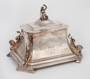A fine quality antique English silver plated casket adorned with mermaid finial, 19th century, ​​​​​​​21cm high, 26cm wide, 23cm deep.
