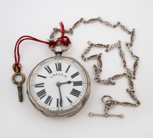 Antique English "Railway" pocket watch with key wind movement in sterling silver case, suspended on a sterling silver chain with key, 19th century, 7.5cm high overall including bow, the chain and fob 48cm long.
