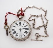 Antique English "Railway" pocket watch with key wind movement in sterling silver case, suspended on a sterling silver chain with key, 19th century, 7.5cm high overall including bow, the chain and fob 48cm long.