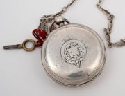 Antique English "Railway" pocket watch with key wind movement in sterling silver case, suspended on a sterling silver chain with key, 19th century, 7.5cm high overall including bow, the chain and fob 48cm long. - 2