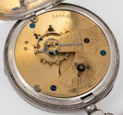 Antique English "Railway" pocket watch with key wind movement in sterling silver case, suspended on a sterling silver chain with key, 19th century, 7.5cm high overall including bow, the chain and fob 48cm long. - 4
