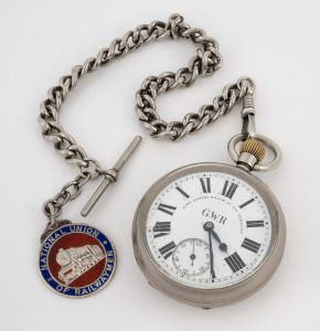 LANCASHIRE WATCH Co. "Railway" pocket watch with crown wind movement in nickel plated case engraved on the reverse "G.W.R. 3143", suspended on a sterling silver chain with fob, 19th century, 7.5cm high overall including bow, the chain and fob 32cm long, 43 grams silver weight.