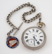 LANCASHIRE WATCH Co. "Railway" pocket watch with crown wind movement in nickel plated case engraved on the reverse "G.W.R. 3143", suspended on a sterling silver chain with fob, 19th century, 7.5cm high overall including bow, the chain and fob 32cm long, 4