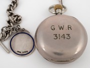 LANCASHIRE WATCH Co. "Railway" pocket watch with crown wind movement in nickel plated case engraved on the reverse "G.W.R. 3143", suspended on a sterling silver chain with fob, 19th century, 7.5cm high overall including bow, the chain and fob 32cm long, 4 - 2