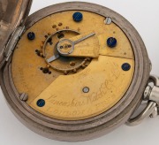 LANCASHIRE WATCH Co. "Railway" pocket watch with crown wind movement in nickel plated case engraved on the reverse "G.W.R. 3143", suspended on a sterling silver chain with fob, 19th century, 7.5cm high overall including bow, the chain and fob 32cm long, 4 - 3
