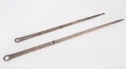 Two antique silver meat skewers, possibly Channel Islands, 18th/19th century, ​​​​​​​32cm and 24cm long, 110 grams total.