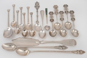 A boxed set of sterling silver teaspoons; together with assorted Chinese silver spoons, Siamese silver spoons and an antique English pate knife by George Angel, 19th and 20th century, the pate knife 20cm long, 230 grams total silver weight.