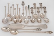 A boxed set of sterling silver teaspoons; together with assorted Chinese silver spoons, Siamese silver spoons and an antique English pate knife by George Angel, 19th and 20th century, the pate knife 20cm long, 230 grams total silver weight.