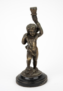 An antique cast bronze figural gasolier fitting on turned wooden base, 19th century, 22.5cm high overall.