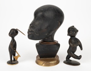 HAGENAUER Austrian cast bronze Nubian miniature bust with ebonized finish; together with two bronze African baby figurines, 20th century, (3 items), the bust stamped "Hagenauer, Made in Austria, Hand Made", the largest 10cm high.